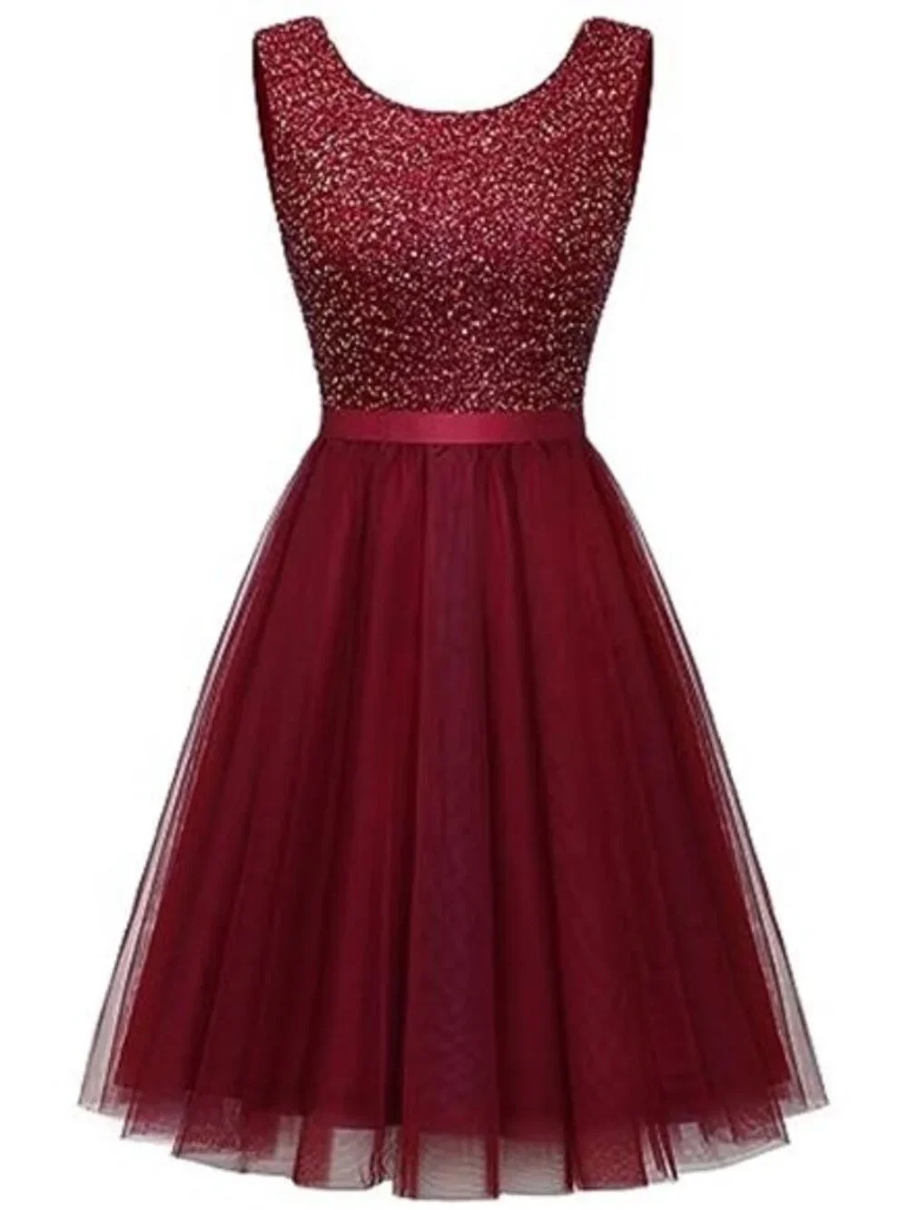 Sequin Dress Vintage A Line Wedding Formal Swing Tulle Dress Burgandy - Picture 1 of 6